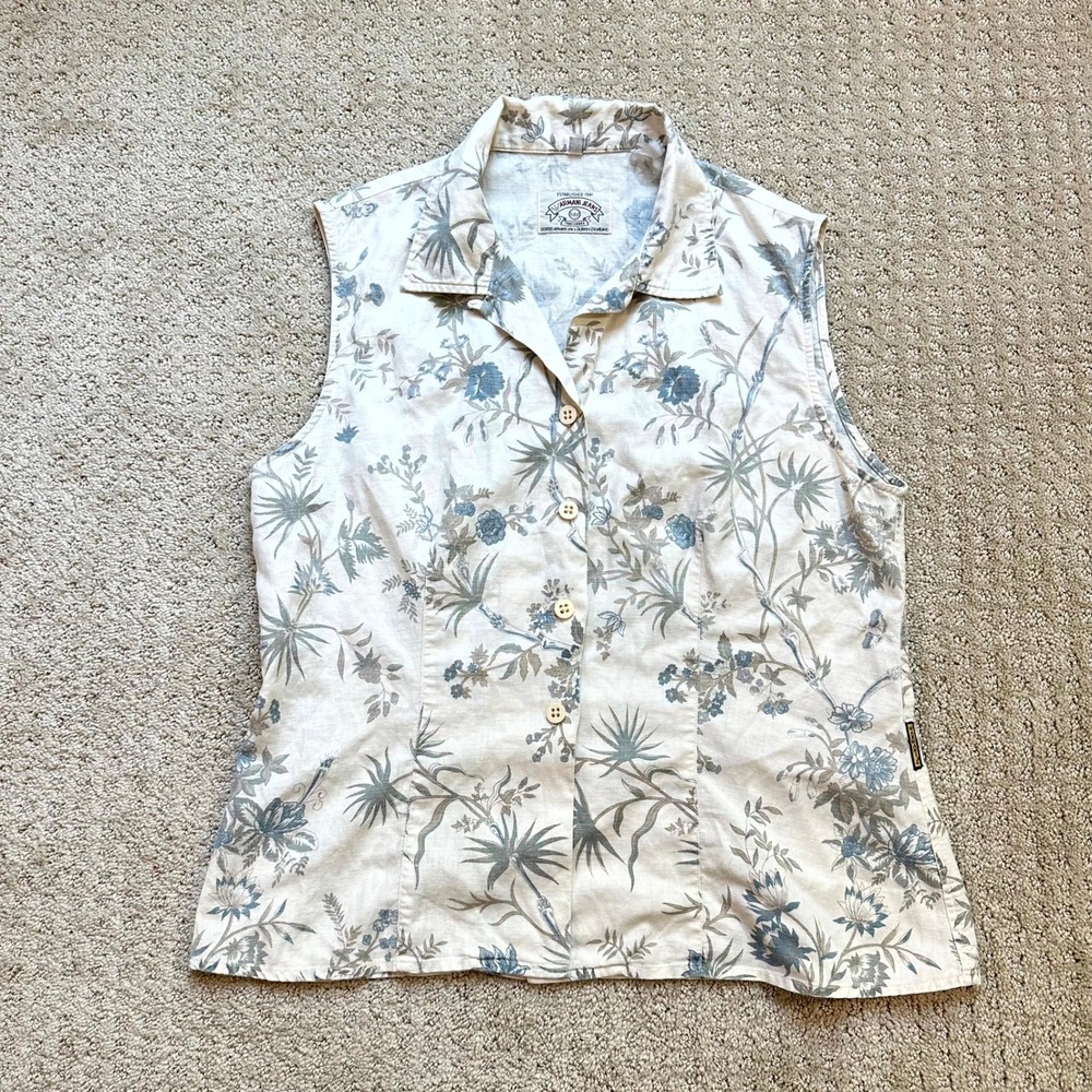 Vintage Armani Jeans Sleeveless Shirt Womens Large Floral Linen Blend Button Up